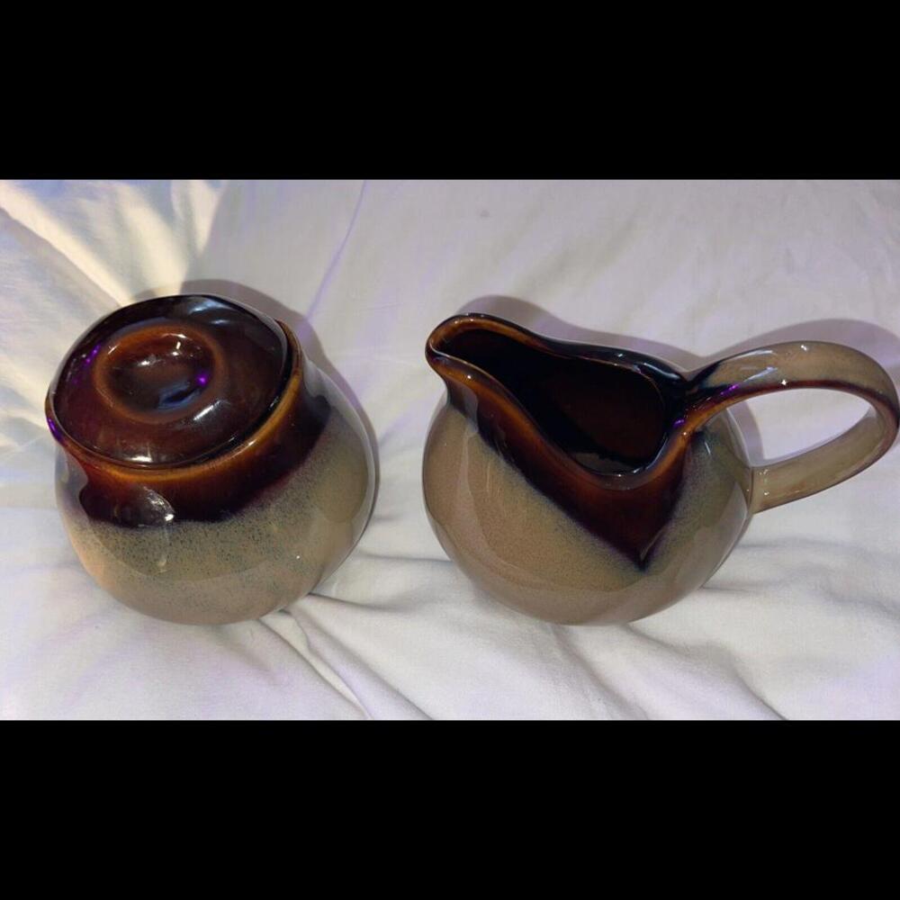 Sango Nova Brown Glaze Pottery Cream and Covered Sugar Bowl Set 4933